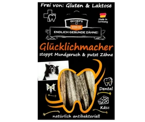 Q-Chefs zdravé žvýkání - Čtyři lahodné tyčinky na čištění zubů Psí potěšení se sýrem Glucklichmacher (Sáček 90g)